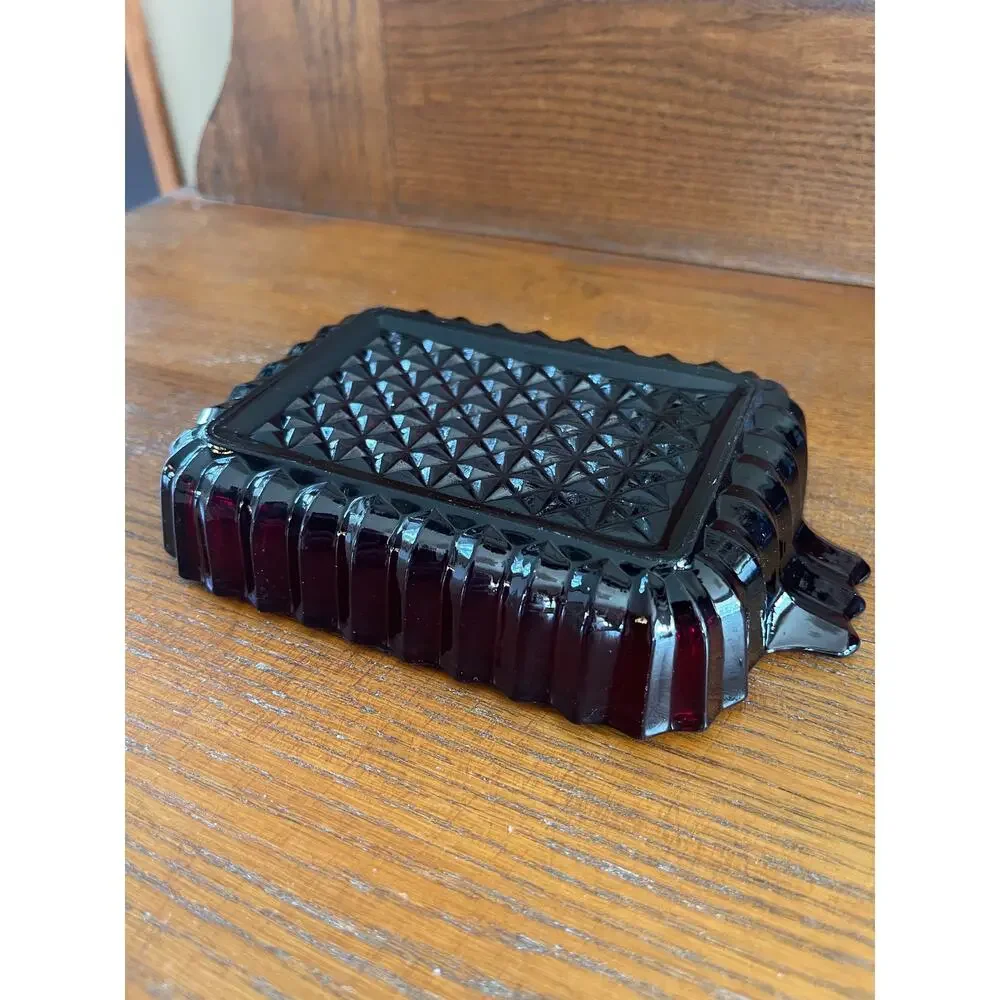 Vintage Anchor Hocking Ruby Red Diamond Cut Glass Vanity / Desk Trinket Tray